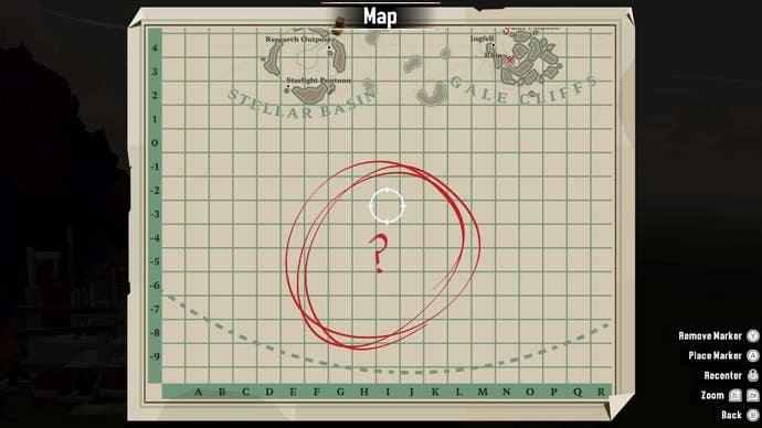 A map of Dredge’s The Pale Reach DLC, showing a new area marked with a big red question mark