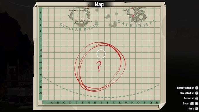 A map of Dredge's The Pale Reach DLC, showing a new area marked with a big red question mark