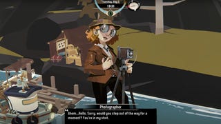 A screenshot of the Photographer, a new character added to Dredge alongside its photo mode.