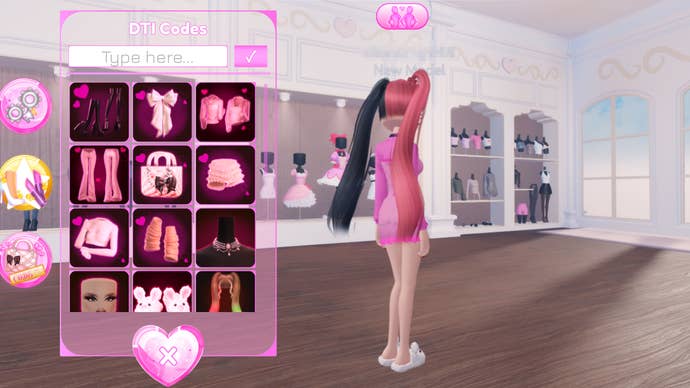 A character in a Dress to Impress dressing room, with a menu showing different cosmetics they can wear.
