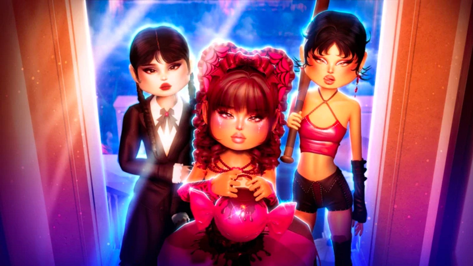 Artwork for the Roblox game Dress To Impress showing a trio of characters wearing stylish outfits that each have their own distinct style. - 1