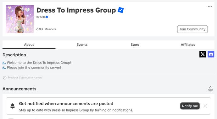 The Roblox group for the Dress To Impress experience, and a button players use to sign-up for notifications.