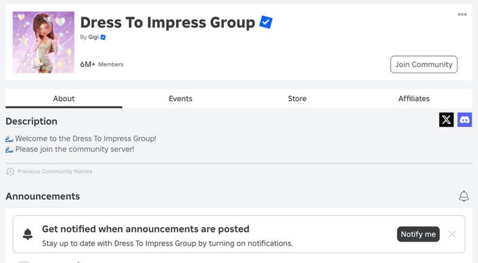 The Roblox group for the Dress To Impress experience, and a button players use to sign-up for notifications.