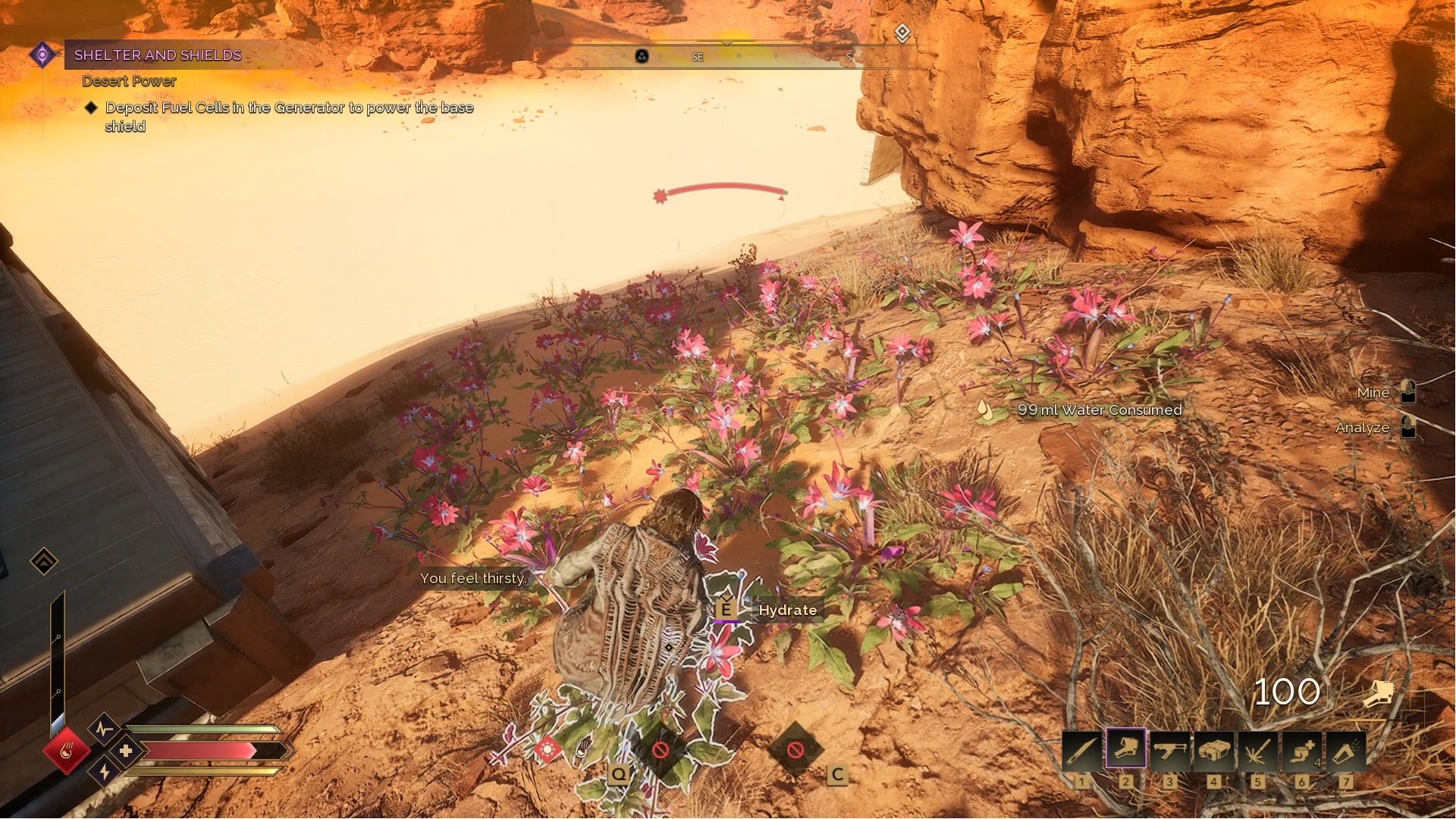 A Dune Awakening character sips dew water from flowers in the early game. - 4