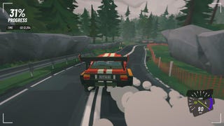 A red rally car blazes around a woodland rally course in #Drive Rally.
