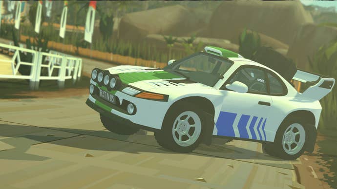 A rally car drifting in DRIVE Rally.