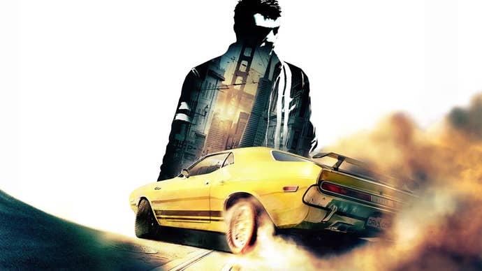 Driver: San Francisco key art showing a yellow car drifting, a man in the background, the San Francisco skyline superimposed over him.