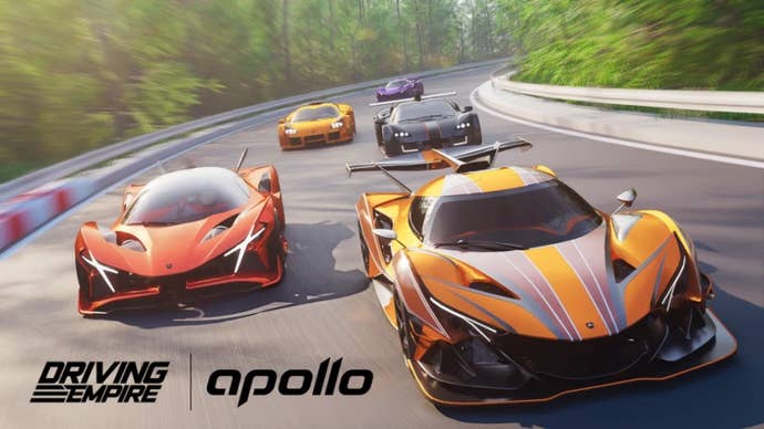 Sports cars racing around a track with trees seen in the background, in the Roblox game Driving Empire.