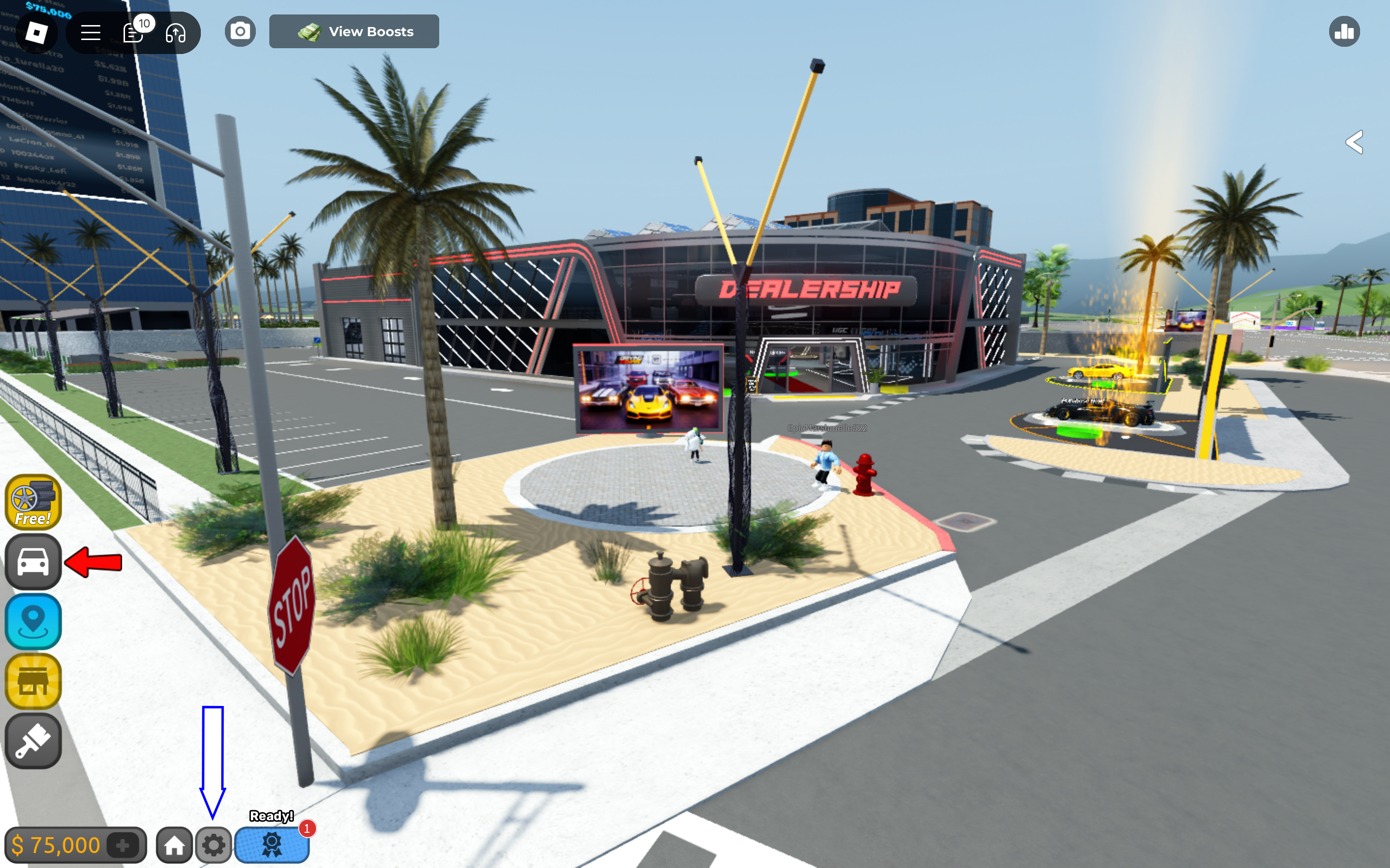 Arrow pointing at the settings button in the Roblox game Driving Empire.