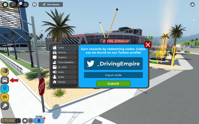 The menu used to redeem codes in the Roblox game Driving Empire.