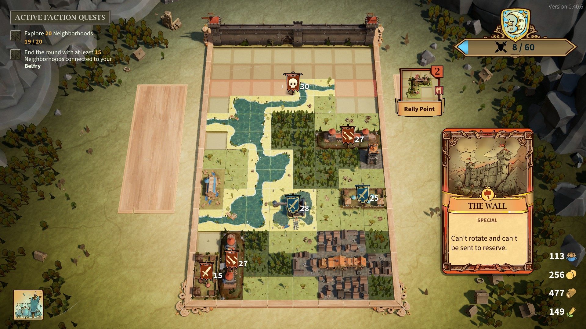 The player looks at a map mostly constructed of forests and rivers, with a card showing a boss, the Wall. - 4