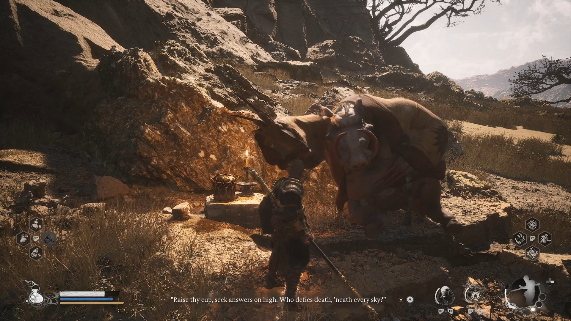 The Yellow-Robed Squire can be found seated by this rock in the Rockrest Flat in Black Myth: Wukong. - 4