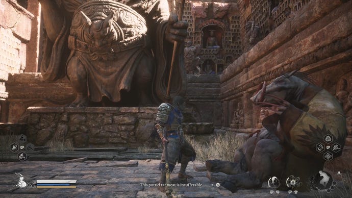 The Destined One chats with the Yellow-Robed Squire by the edges of the Crouching Tiger Temple in Black Myth: Wukong.