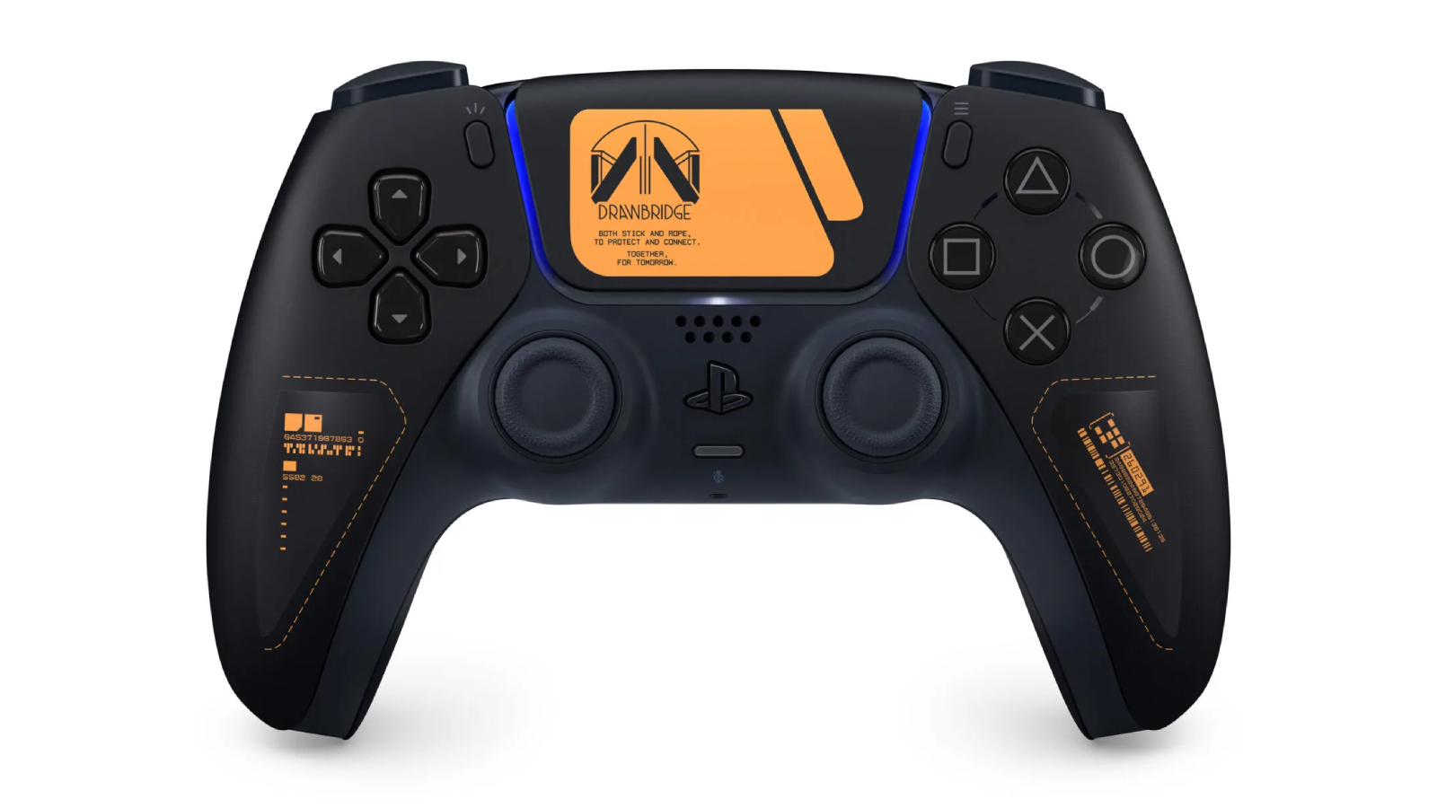 Close up of the Death Stranding 2 themed PS5 controller, black with orange embellishments