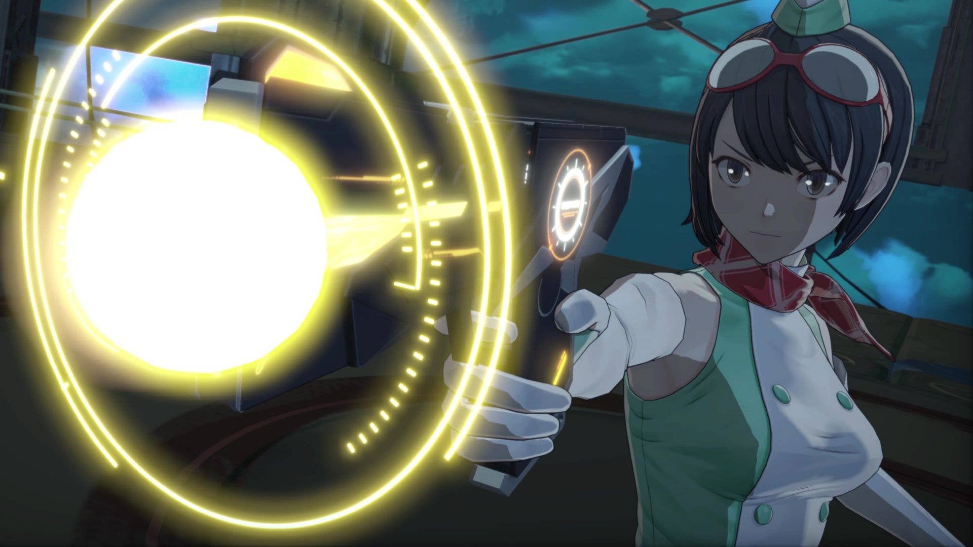 Uma protagonista de anime feminino segura uma arma construindo luz.