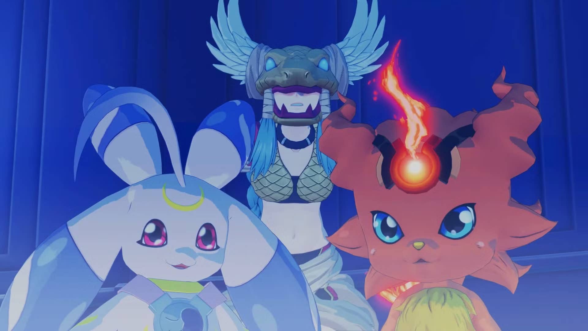 Digimon Story Time Stranger: Três Digimon olham para a câmera. Um deles é humanóide e tem um diafrante exposto.
