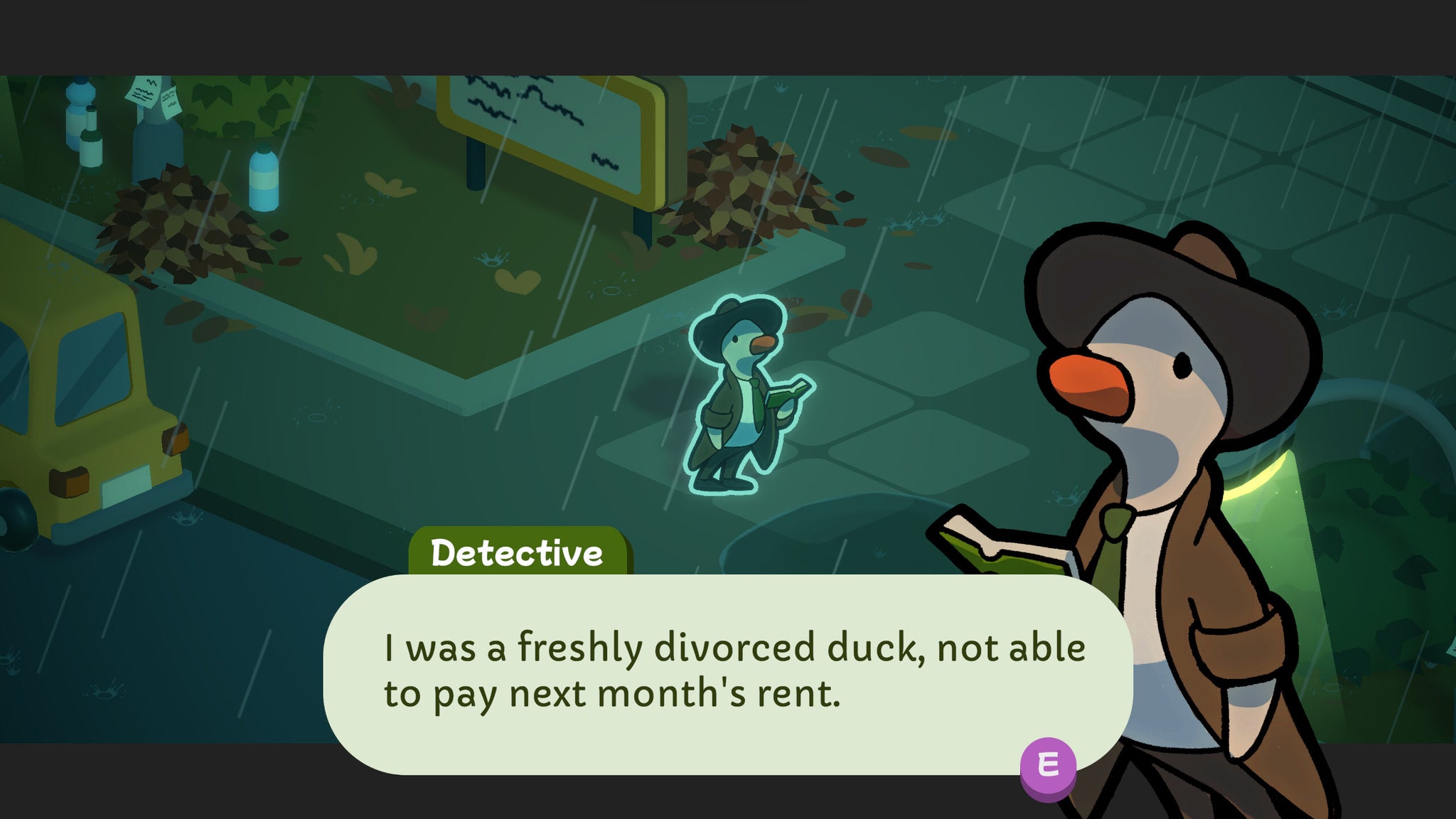 A duck detective holds a book on a rainy pavement in Duck Detective - 21