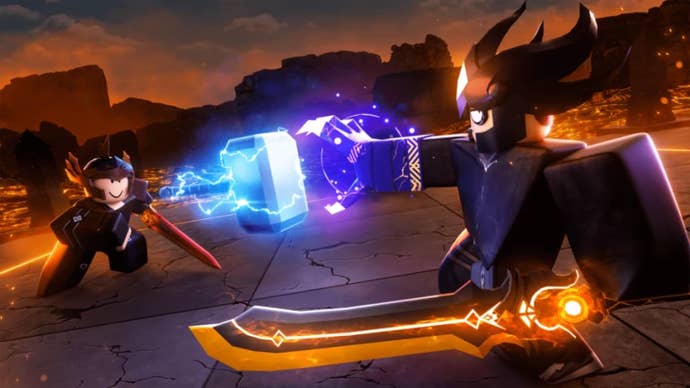 Artwork for the Roblox game Duel Warriors showing two characters fighting. The characters look like fantasy-inspired superheroes.