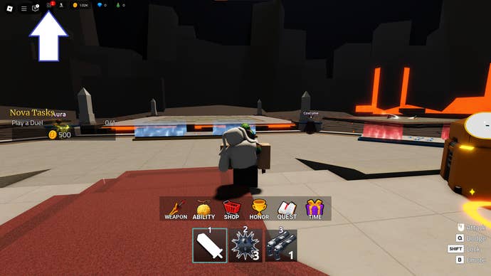 A screenshot of Duel Warriors in Roblox showing the game’s menu button.