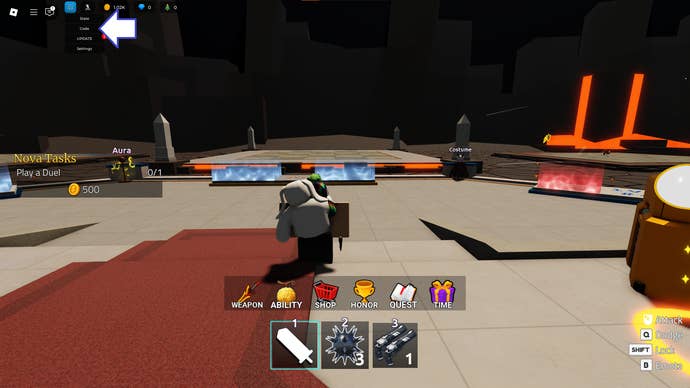 A screenshot of Duel Warriors in Roblox showing the game codes button.