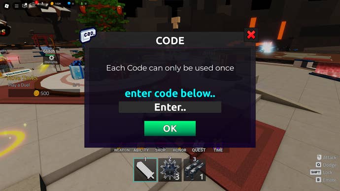 A screenshot of Duel Warriors in Roblox showing the game code field.