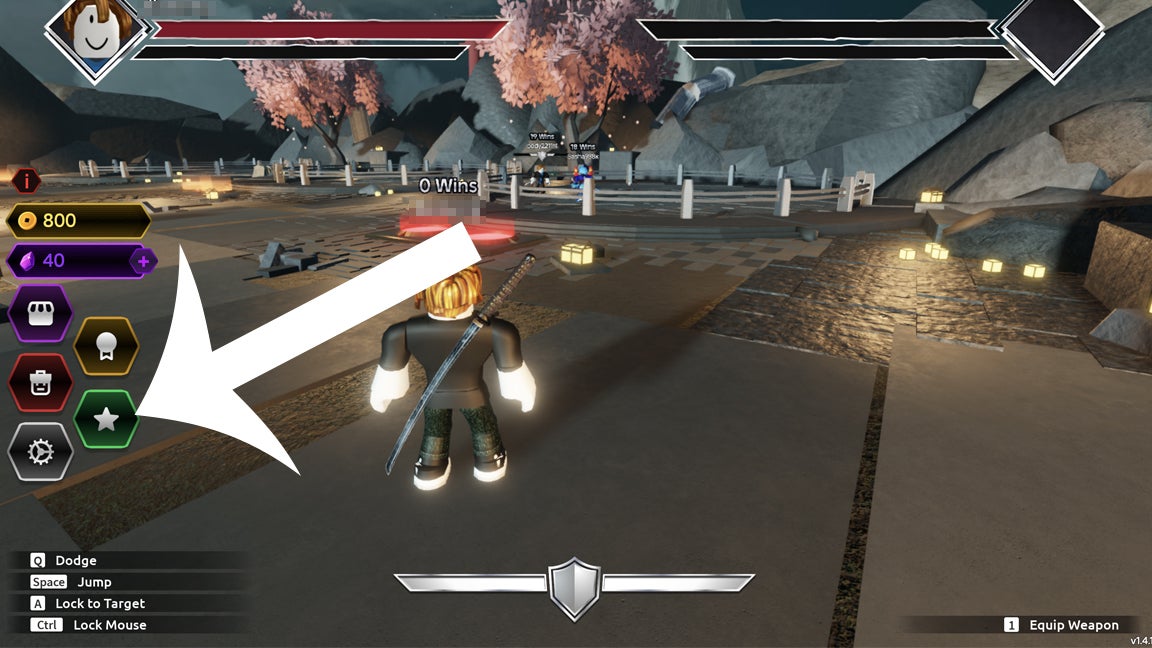 An arrow pointing at the rewards menu button in Dueling Grounds. - 3