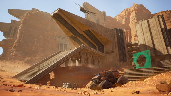 A base built on solid rock in Dune: Awakening, with a Groundcar parked outside.