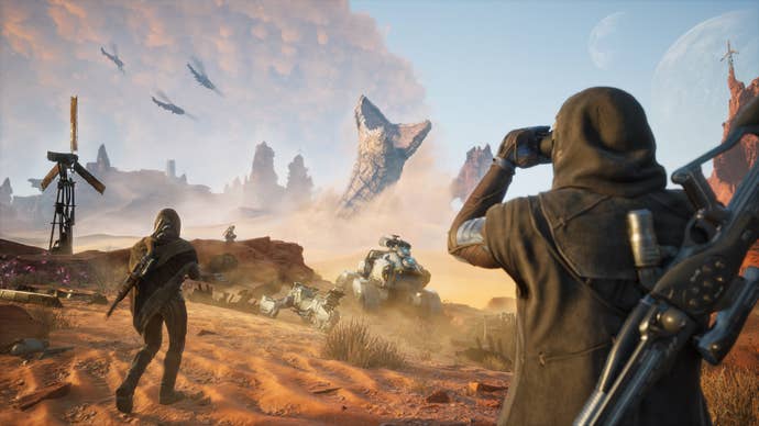A screenshot from survival MMO Dune: Awakening showing what looks like everything that can happen in the desert there: ornithopters flying over a huge sandworm, vehicles spouting dust in their wake, and players with high tech gadgetry on.