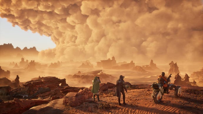 Three players, one on a sand bike, look out over the desert of Arrakis at an incoming storm in MMO Dune: Awakening.