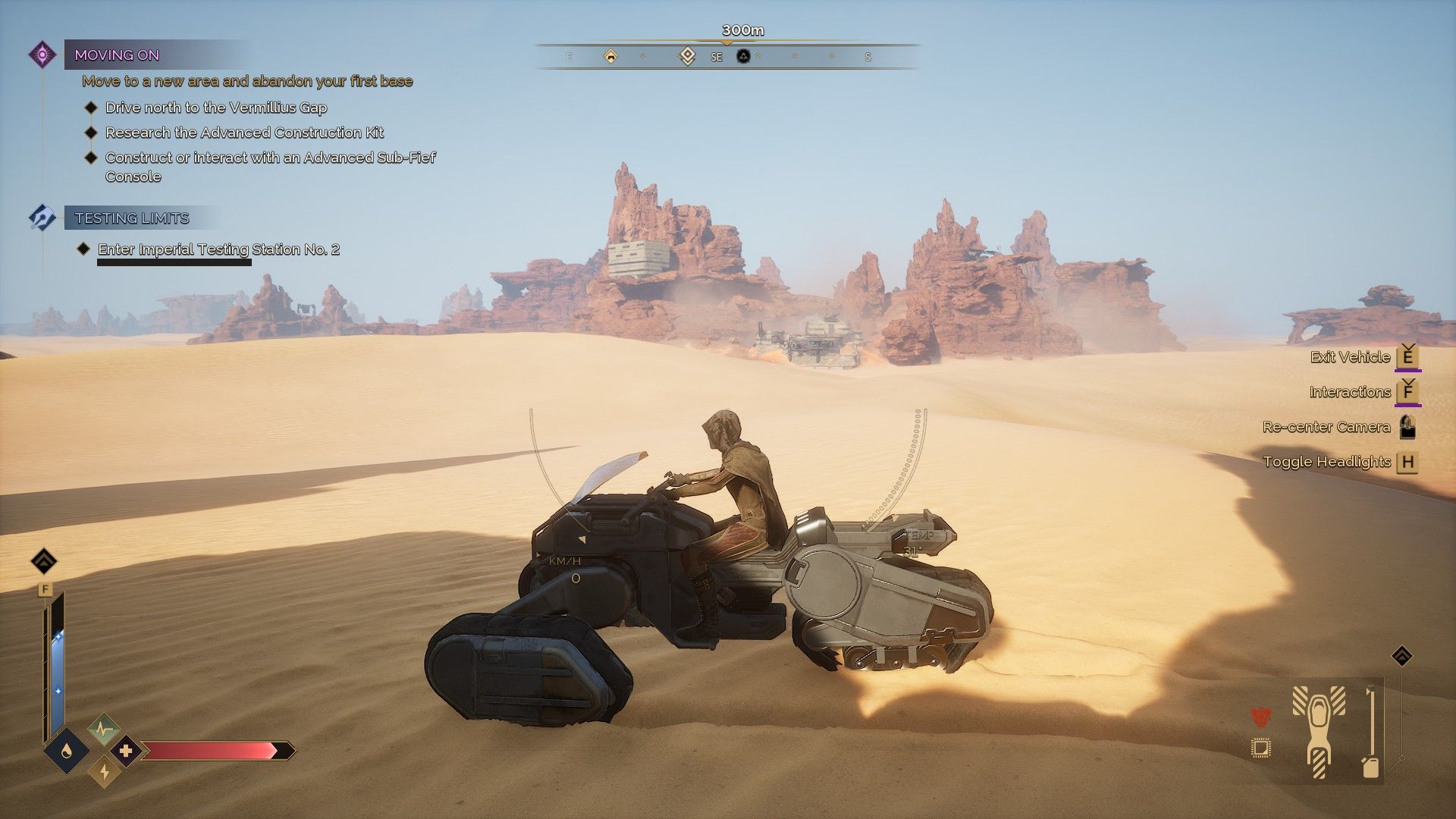 The player rides a sandbike across the desert in Dune: Awakening. - 1