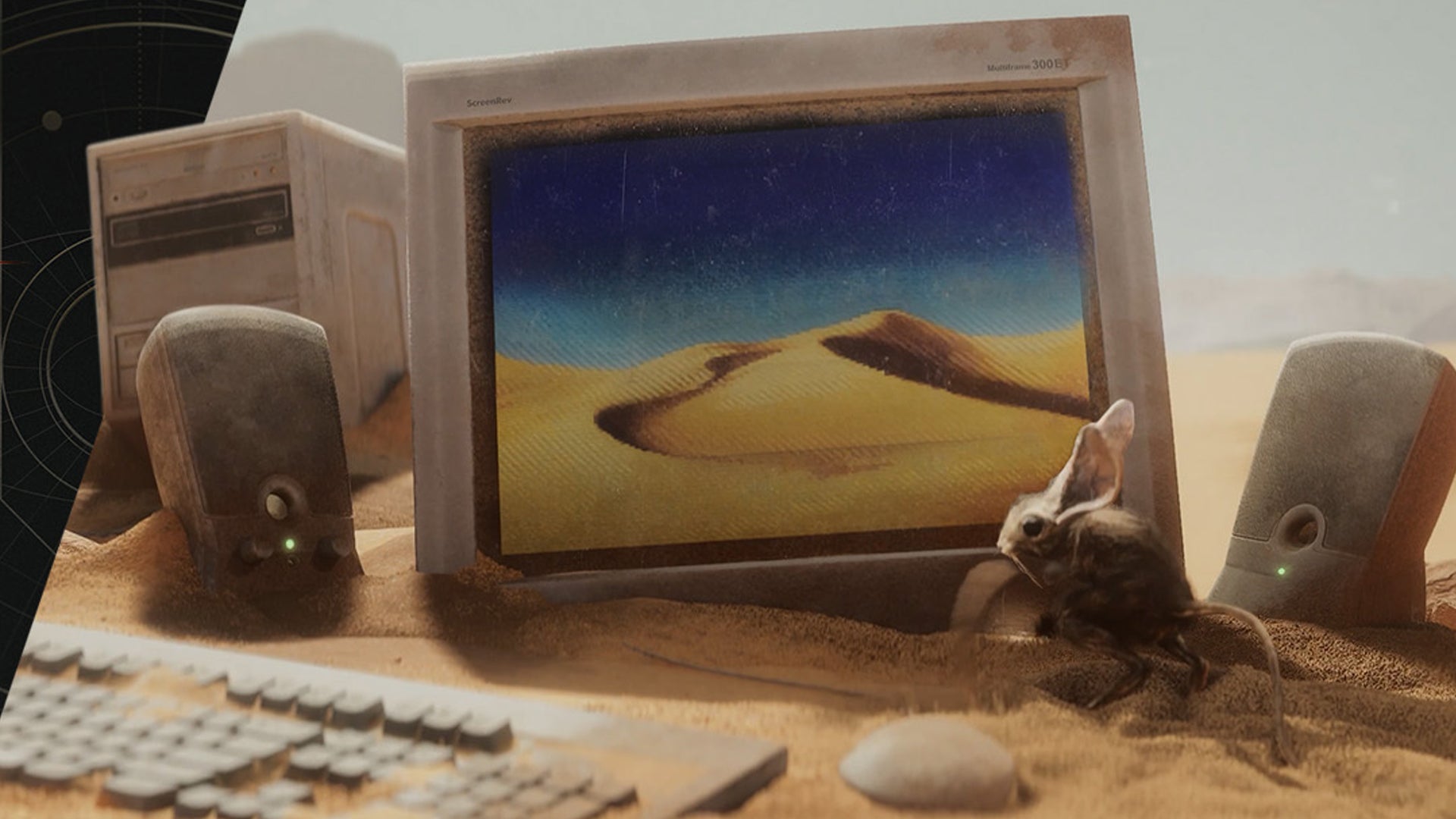 A '90s era computer sits slightly buried in sand, a mouse-like creature in front of it, the screen showing a pixel art desert in a promotional image for Dune: Awakening. - 1