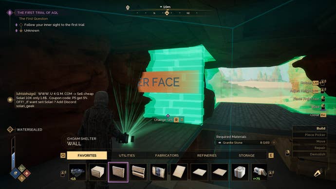 The player uses the tool to build the base using the green hologram.