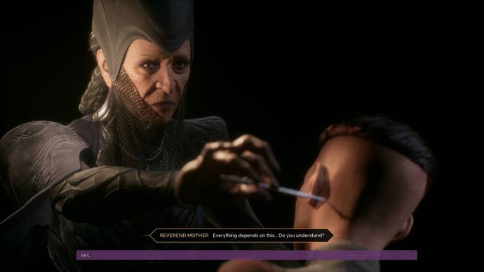 A Bene Gesserit holds a needle astatine the cervix of the player.