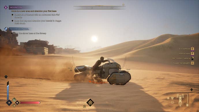 The subordinate    rides a sandbike crossed  the godforsaken  of Arrakis.