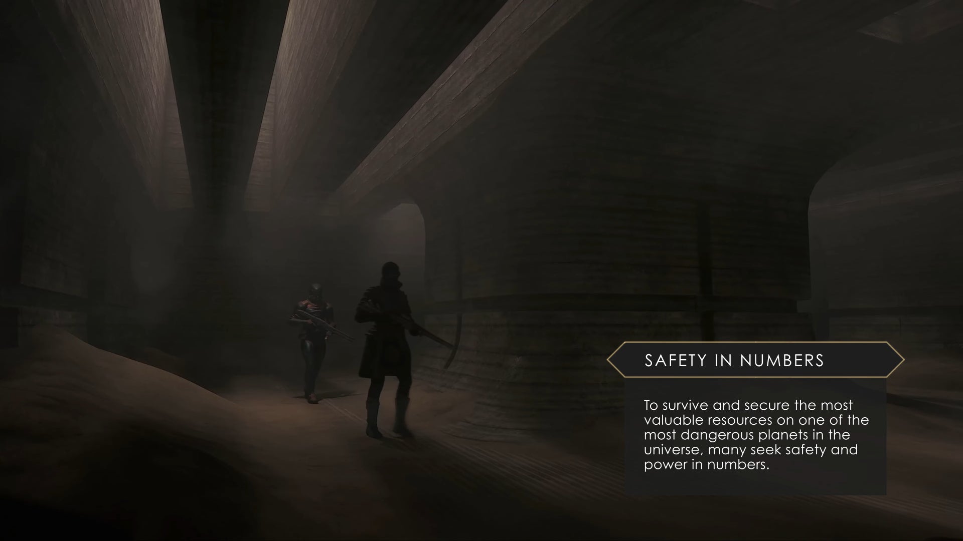 A duo of soldiers guard an underground cavern base in Dune: Awakening.