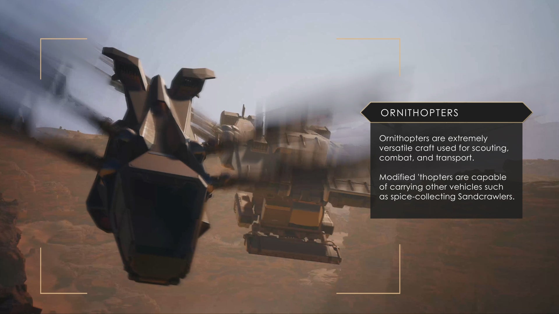 A close-up of two flying Ornithopters in Dune: Awakening.