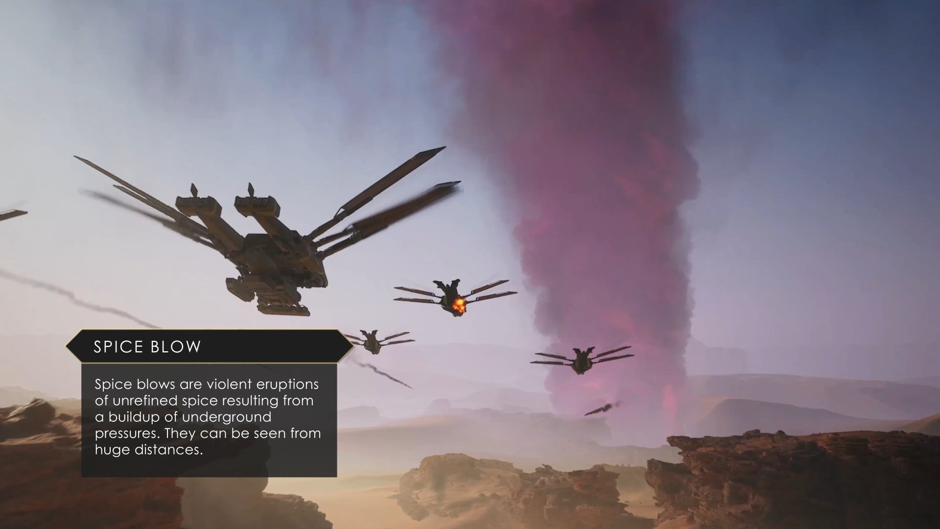A squad of Ornithopters flies towards a spice blow in Dune: Awakening.