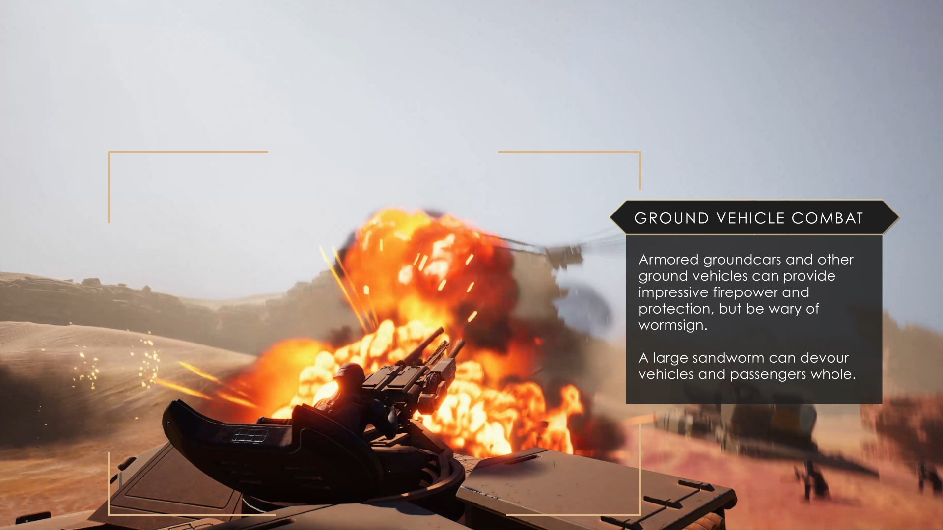 A groundcar is destroyed by an Ornithopter in a skirmish in Dune: Awakening.