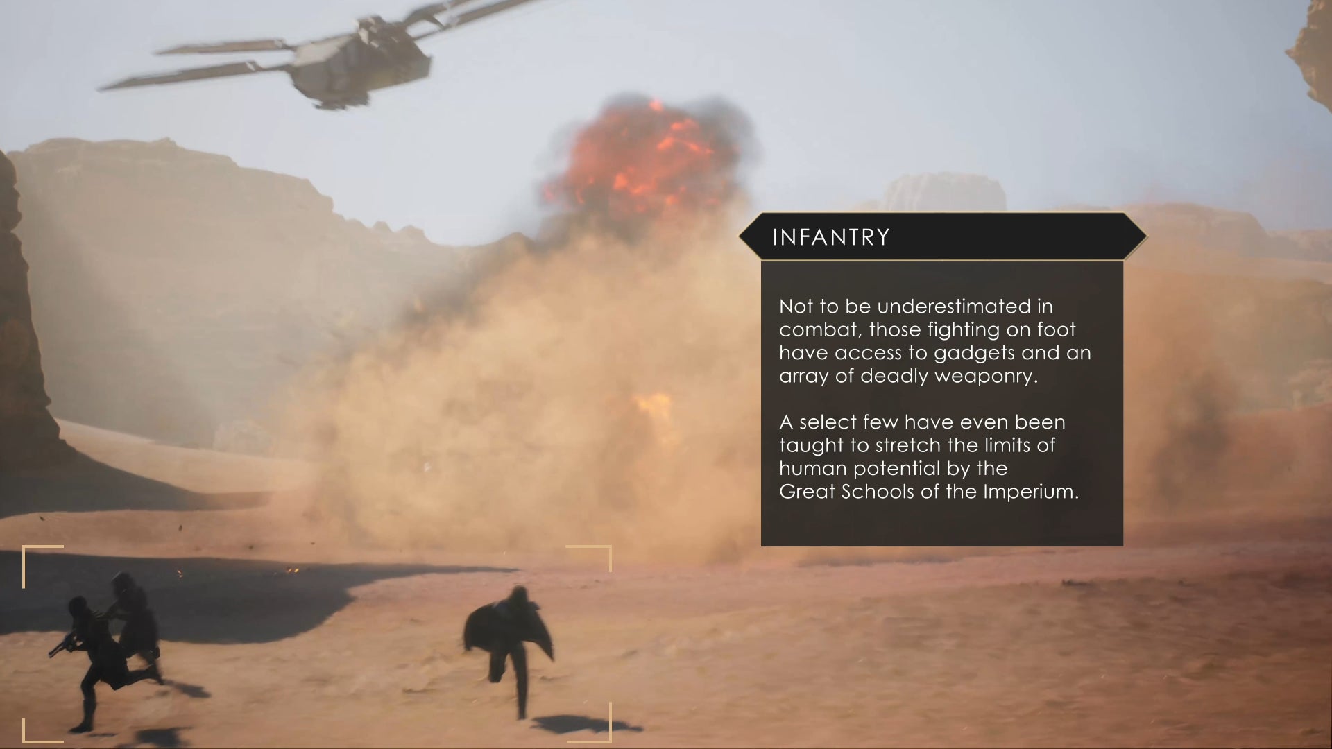 Foot soldiers run towarsd a desert battle while an Ornithopter flies overhead in Dune: Awakening.