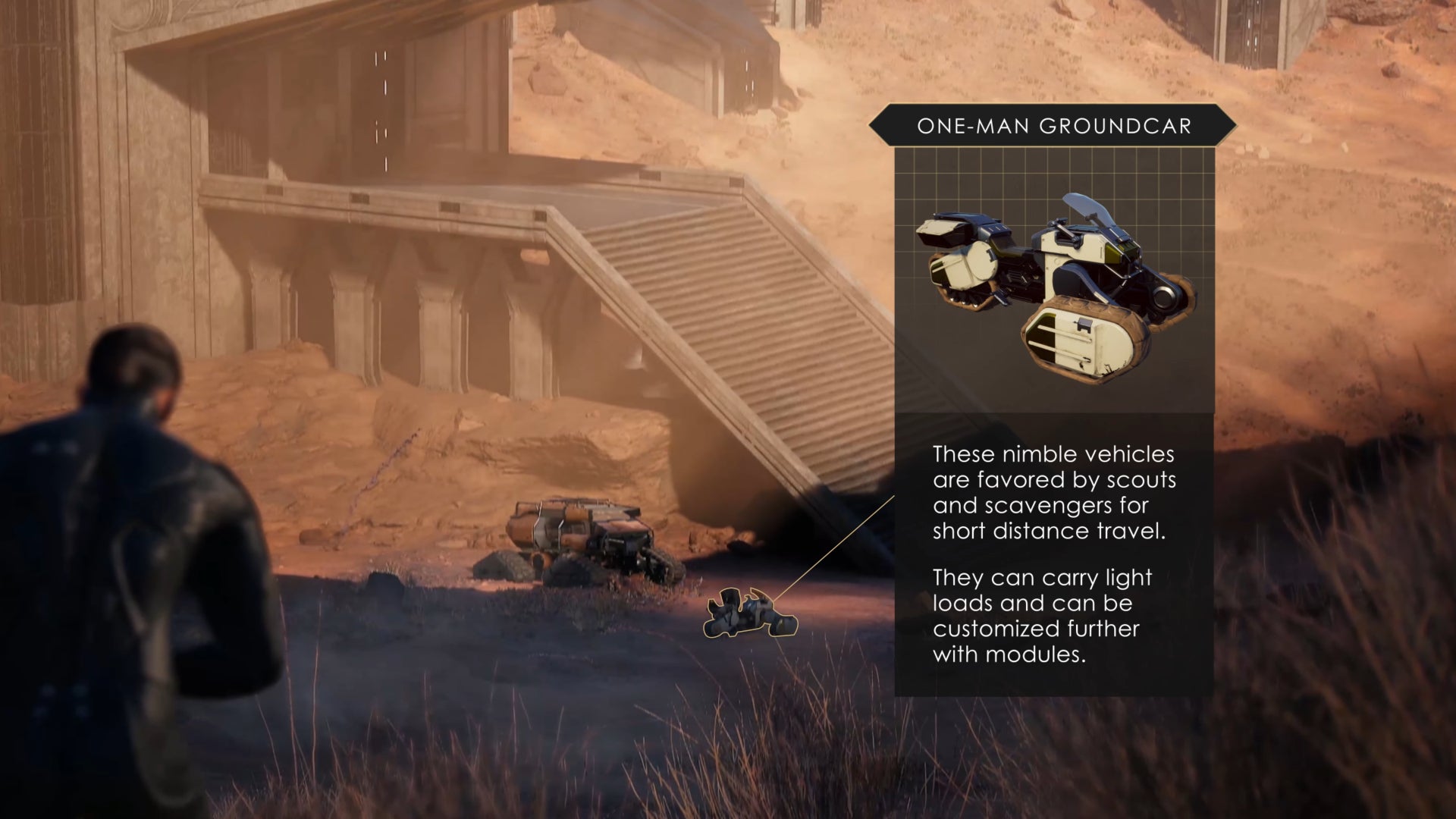 A player in Dune: Awakening looks down towards a nearby base and the vehicles parked outside.