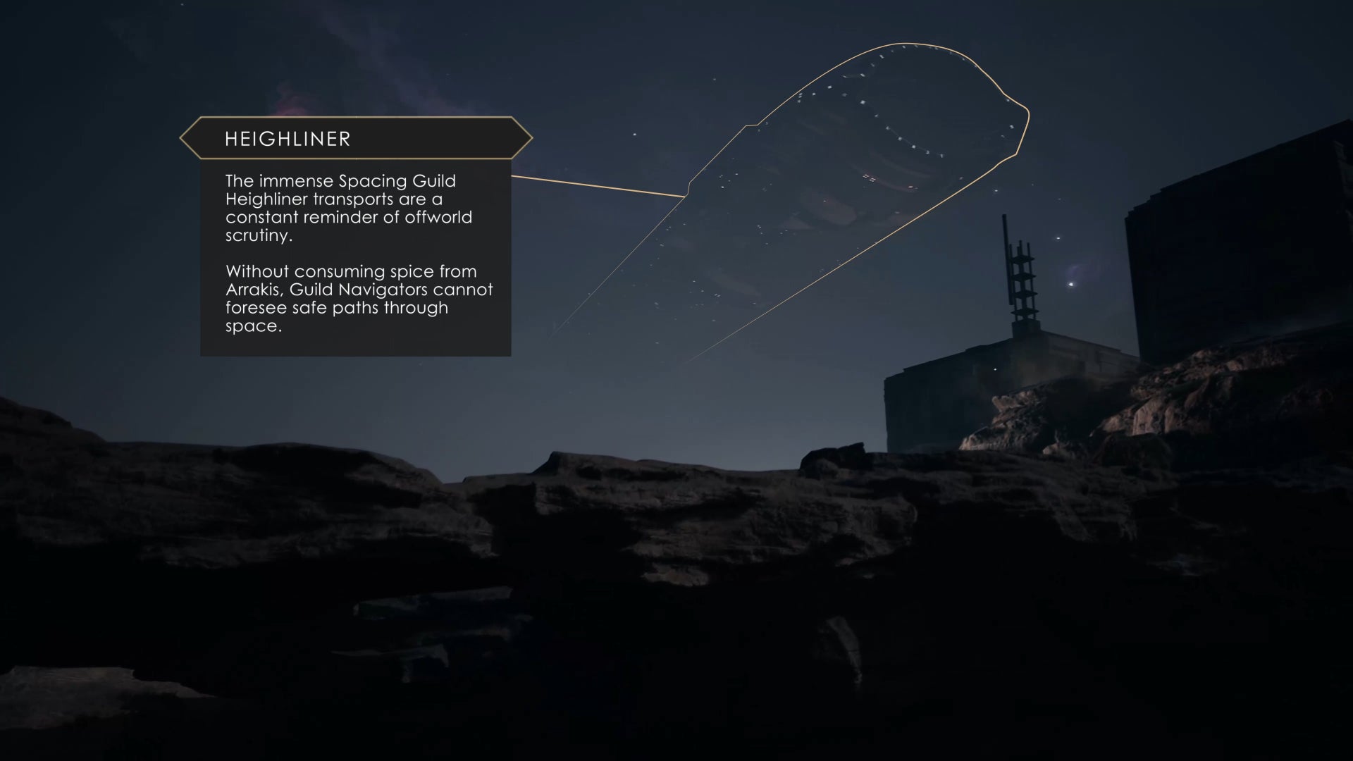 A nighttime vista in Dune: Awakening which shows a building on the dunes of Arrakis and a Heighliner flying overhead.