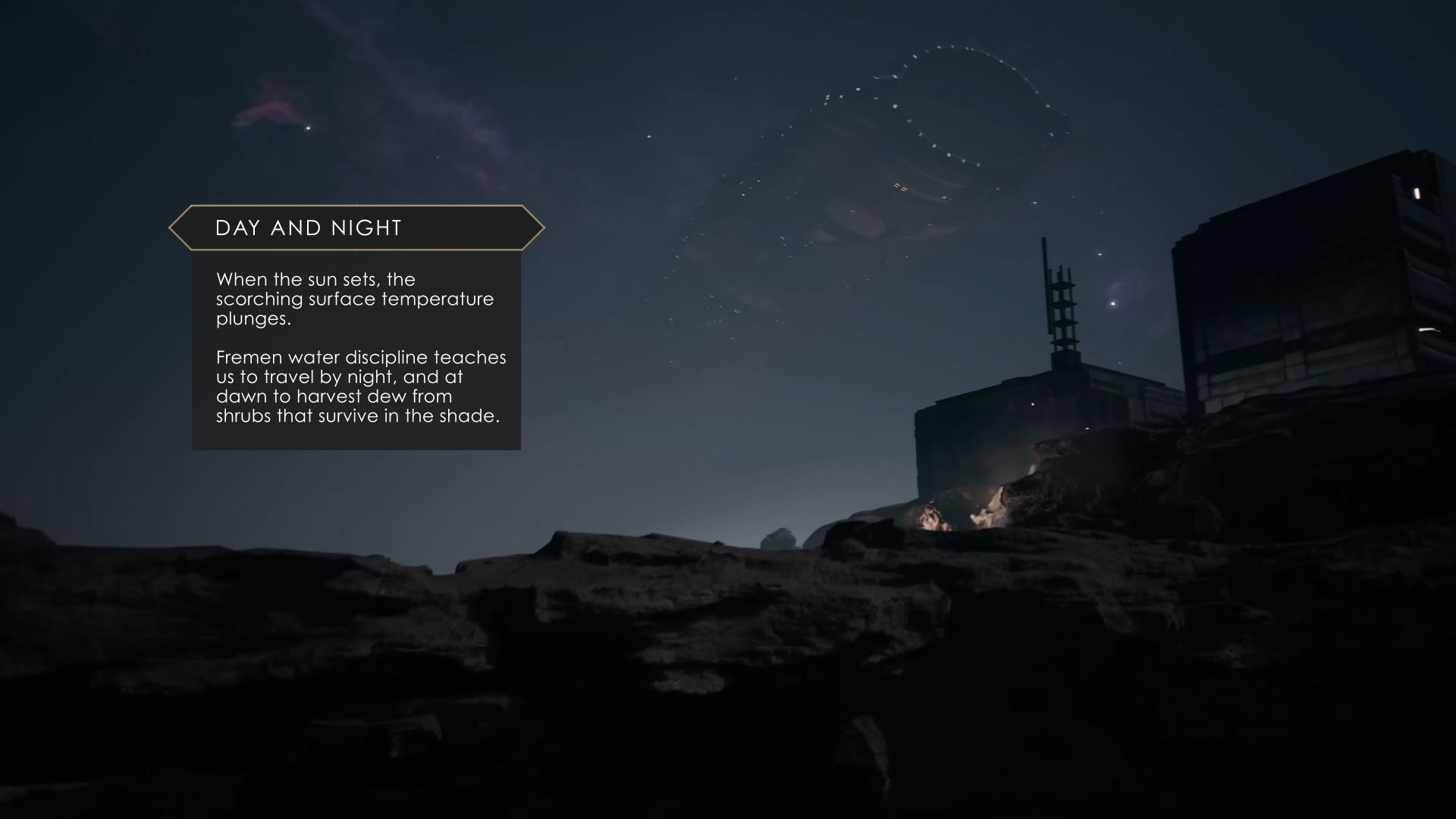 A nighttime vista in Dune: Awakening which shows a building on the dunes of Arrakis and a Heighliner flying overhead.