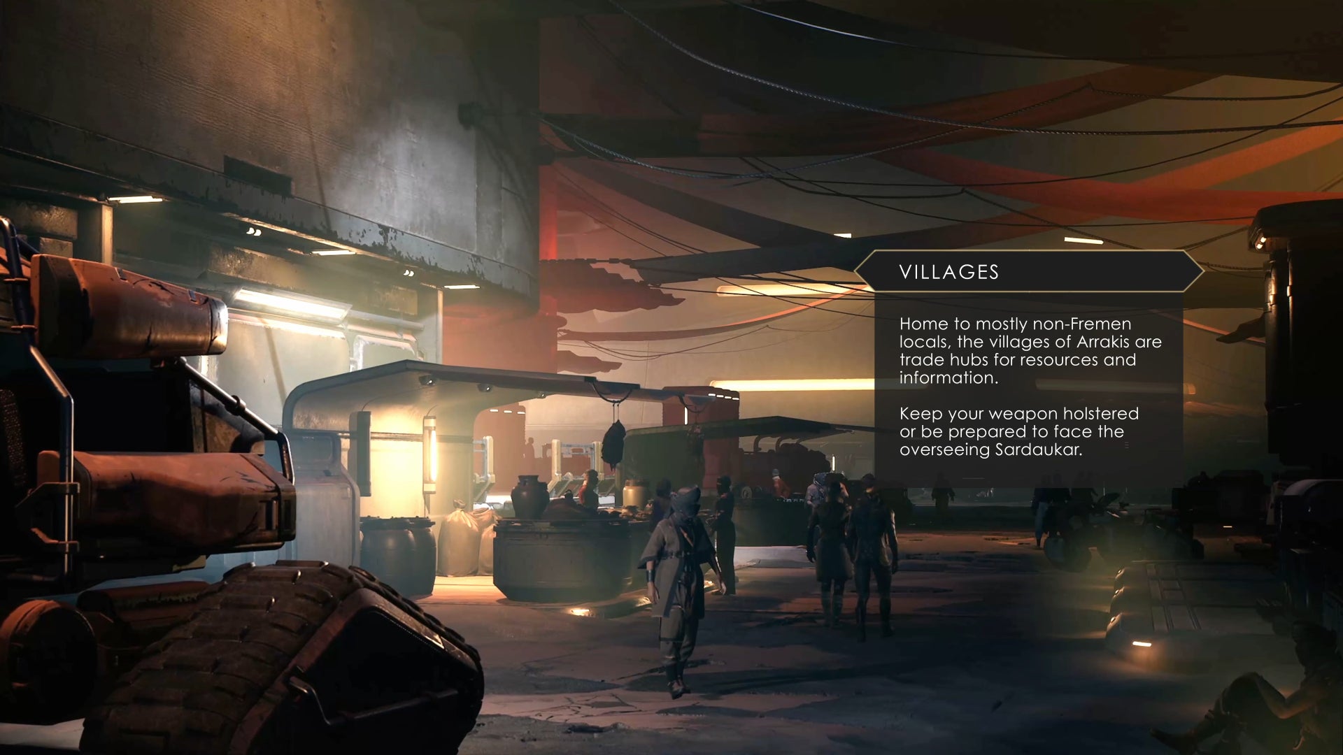 The interior of a human settlement in Dune: Awakening, filled with traders and vehicles.