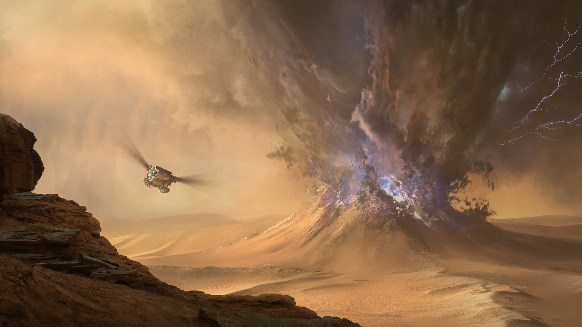 A spice plume emanates from the landscape while an Ornithopter flies nearby in Dune: Awakening. - 1