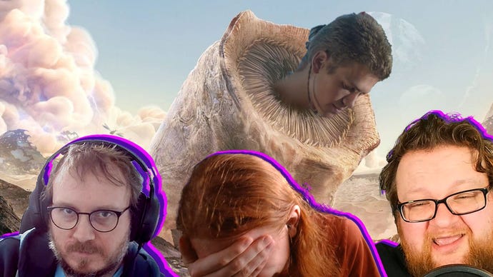 Three podcast hosts reacting to a Dune worm with Anakin Skywalker's head poking out of it.