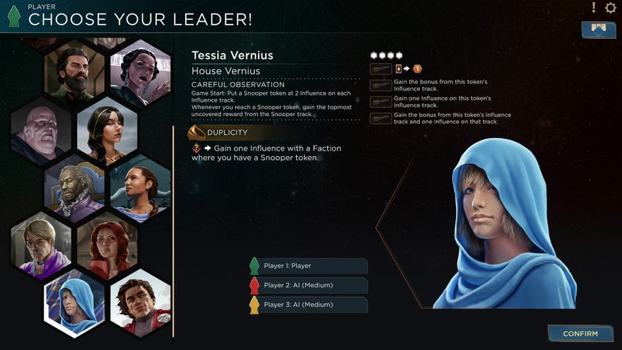 The leader selection screen in Dune Imperium’s Rise Of Ix expansion.