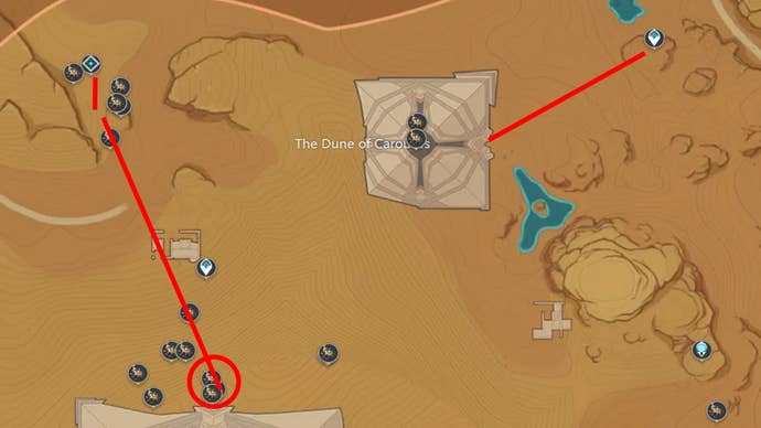 Genshin Impact Scarab locations: A map showing scarab farm routes near Dune of Carouses