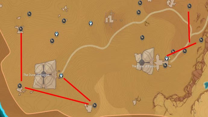 Genshin Impact Scarab locations: A map showing scarab farm routes near Dune of Elusion