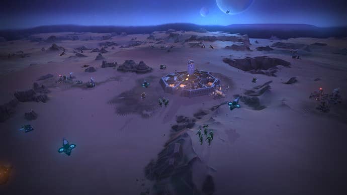 The city of Arrakeen at night in Dune: Spice Wars