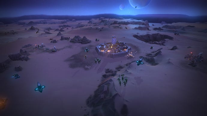 The city of Arrakeen at night in Dune: Spice Wars